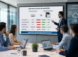 Equipo de responsables de administración e IT analizando en una oficina moderna gráficos comparativos sobre costes de impresión. En una pantalla se muestran indicadores de coste por página, TCO, mantenimiento, consumo energético y productividad entre una impresora económica y una profesional.