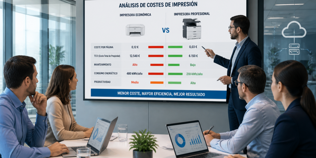 Comparativa de costes de impresión entre impresoras económicas y profesionales en entorno empresarial Equipo de responsables de administración e IT analizando en una oficina moderna gráficos comparativos sobre costes de impresión. En una pantalla se muestran indicadores de coste por página, TCO, mantenimiento, consumo energético y productividad entre una impresora económica y una profesional.