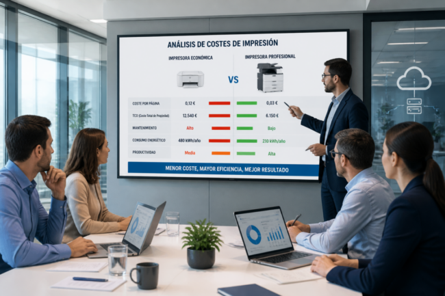 Equipo de responsables de administración e IT analizando en una oficina moderna gráficos comparativos sobre costes de impresión. En una pantalla se muestran indicadores de coste por página, TCO, mantenimiento, consumo energético y productividad entre una impresora económica y una profesional.