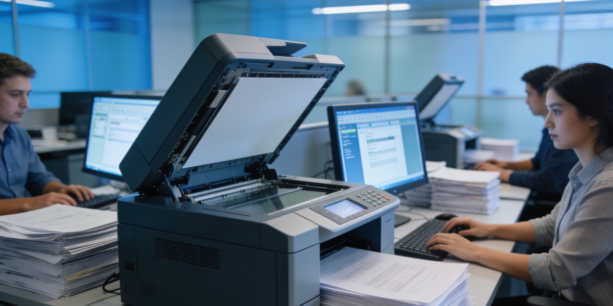 Escaneo profesional y digitalización documental para empresas Escáner profesional digitalizando documentos en una oficina moderna con sistema OCR y gestión documental digital automatizada.