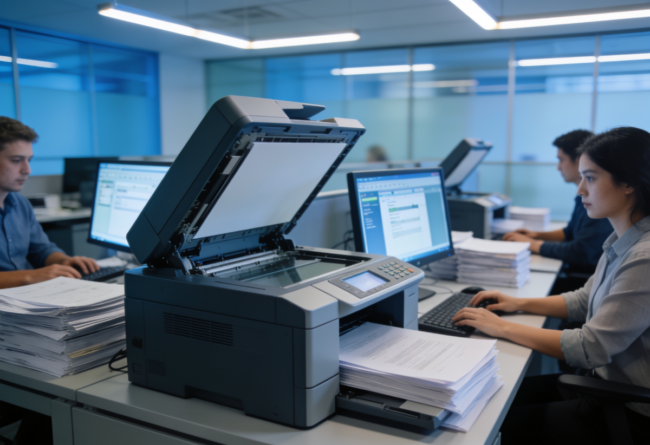 Escaneo profesional y digitalización documental para empresas Escáner profesional digitalizando documentos en una oficina moderna con sistema OCR y gestión documental digital automatizada.