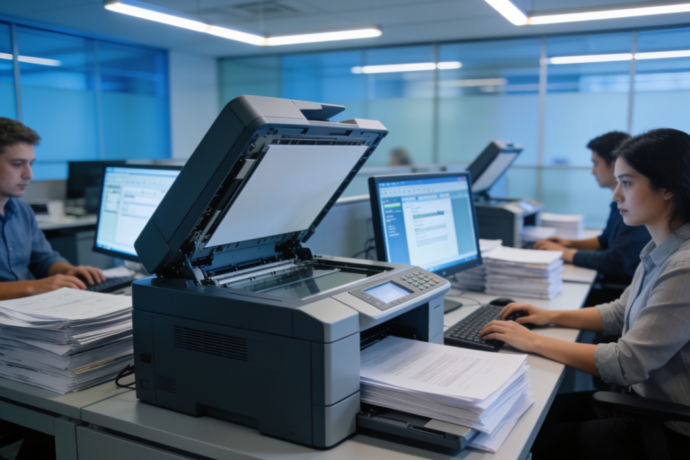 Escáner profesional digitalizando documentos en una oficina moderna con sistema OCR y gestión documental digital automatizada.