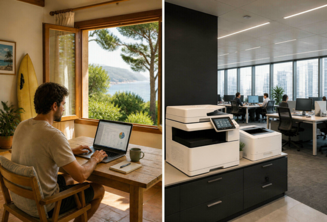 Teletrabajo en verano: impresión segura y control documental para empresas Profesional trabajando en remoto con acceso seguro a documentos corporativos y sistema de impresión gestionada desde casa.
